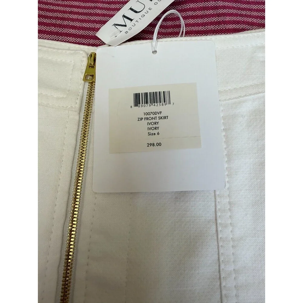 NWT Diane von Furstenberg Ivory Zip Front A-Line Midi Skirt Linen Cotton Sz 6